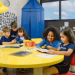 Crianças sentadas em mesa de uma escola com educação em tempo integral.